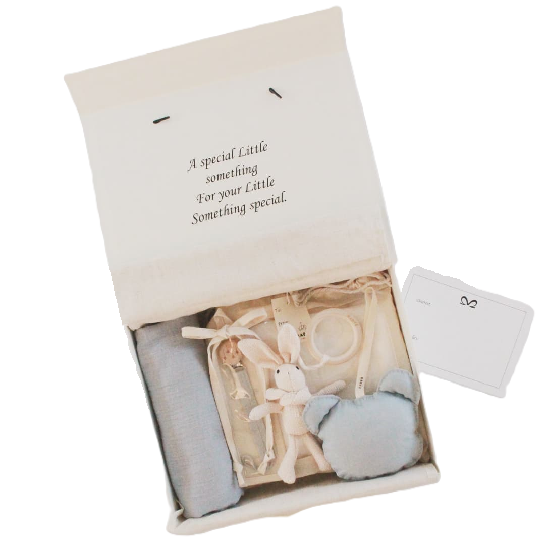 Baby Boy Deluxe Gift Box muslin Swaddle Blanket, Bunny Teether, Pacifier Clip,plushie
