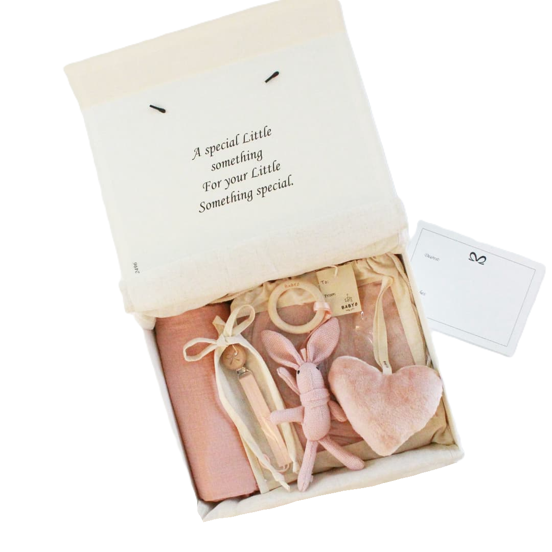 Baby Girl Deluxe Gift Box muslin Swaddle Blanket, Bunny Teether, Pacifier Clip,plushie
