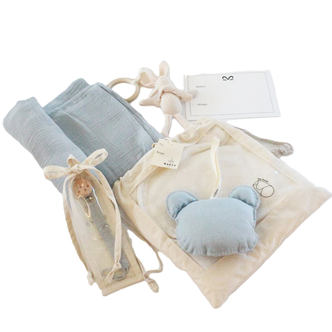 Baby Boy Deluxe Gift Box muslin Swaddle Blanket, Bunny Teether, Pacifier Clip,plushie