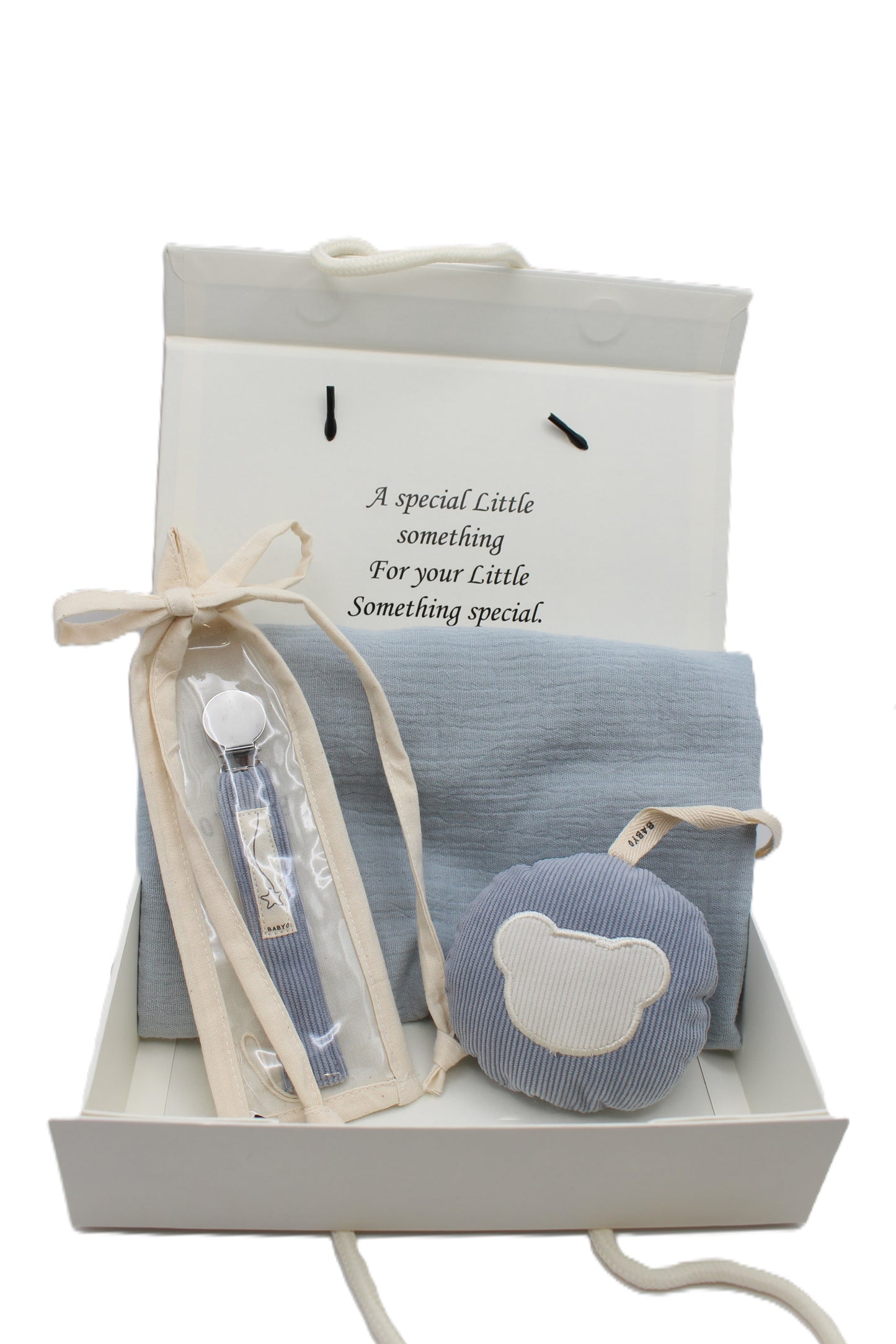 Baby Boy Gift Box  Muslin Blanket ,corduroy pacifier clip and plushie
