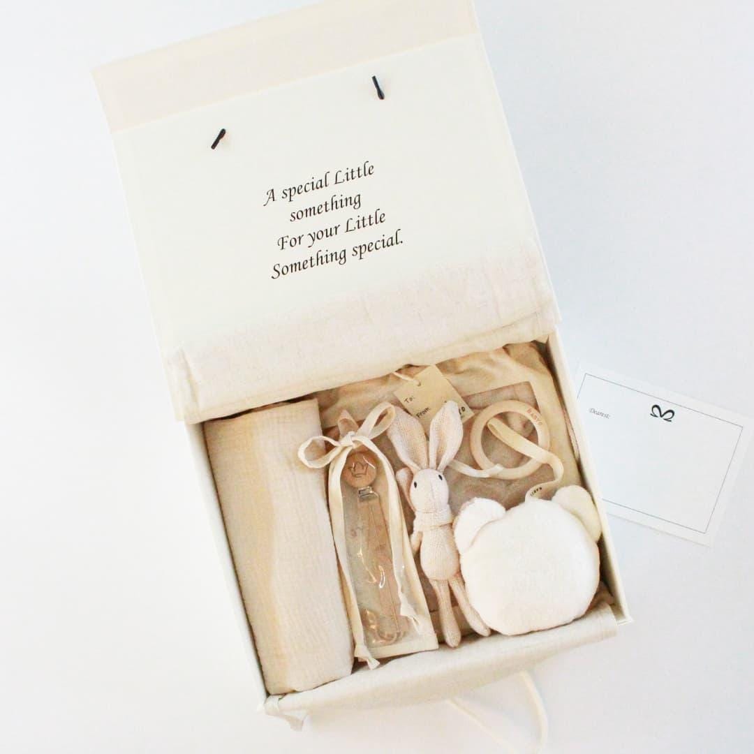 Baby Boy Deluxe Gift Box muslin Swaddle Blanket, Bunny Teether, Pacifier Clip,plushie