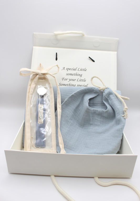 Baby Boy Gift Box  Muslin Blanket ,bib  and corduroy Pacifier clip