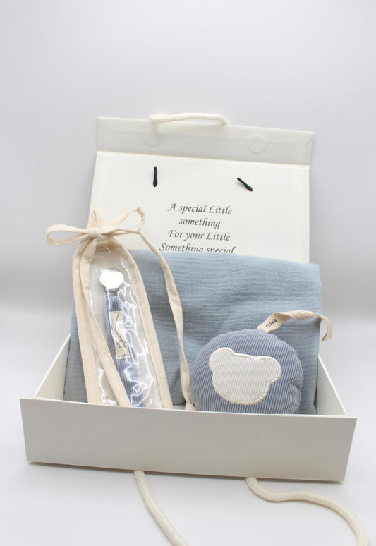 Baby Boy Gift Box  Muslin Blanket ,corduroy pacifier clip and plushie